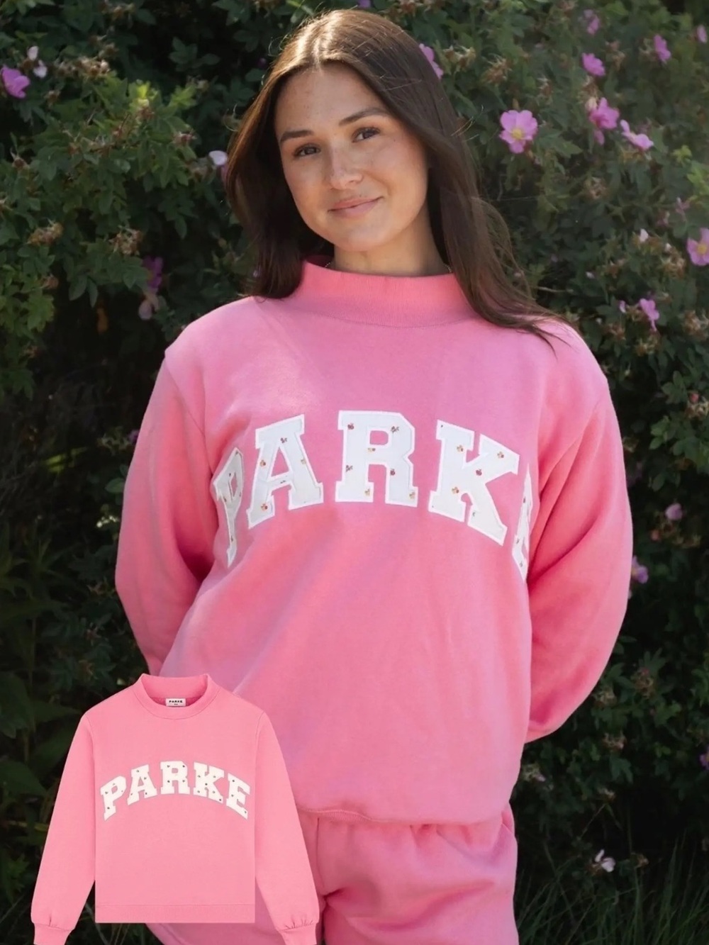 Parke Hot Pink Studded Varsity Logo Mock Neck Sweatshirt